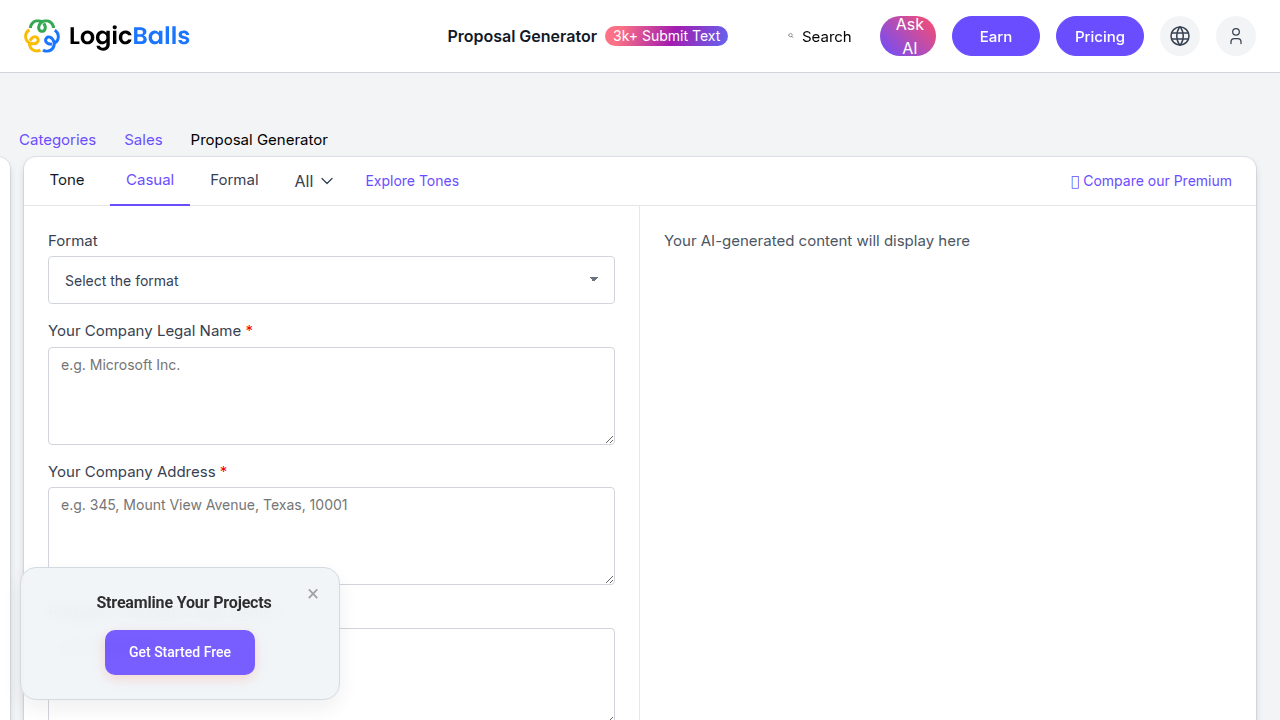 AI Proposal Generator (FREE, No Signup) - LogicBalls