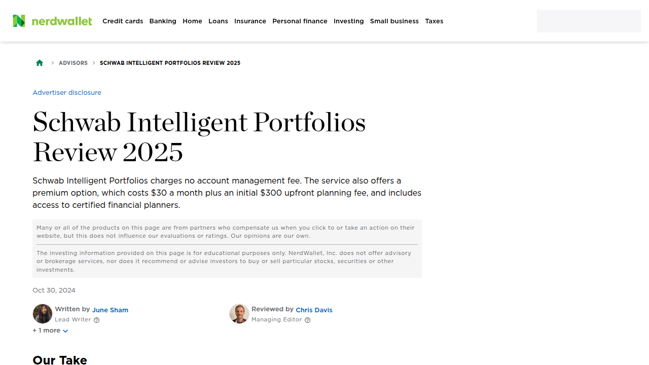 Schwab Intelligent Portfolios Review 2025 - NerdWallet