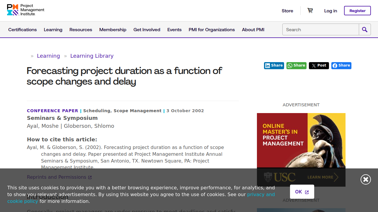 Forecasting project duration as a function of scope changes and delay