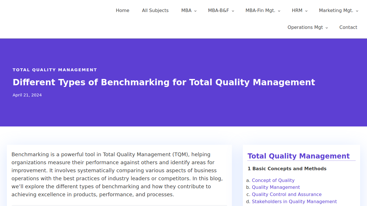 Different Types of Benchmarking for Total Quality Management
